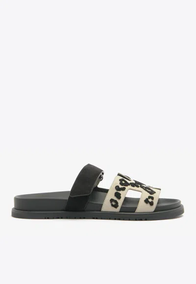 Pre-owned Hermes Chypre Sandals In Beige Esquisse And Black Tufted Suede