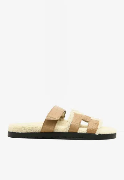 Hermes Chypre Sandals In Beige Natural Matte Alligator And Ecru Shearling In Brown