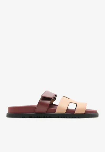 Hermes Chypre Sandals In Beige Perlino And Rouge H Calfskin In Brown