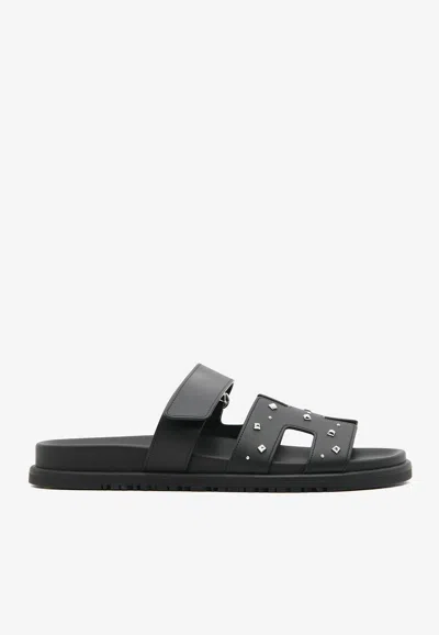 Pre-owned Hermes Chypre Sandals In Black Calfskin With Medor Studs