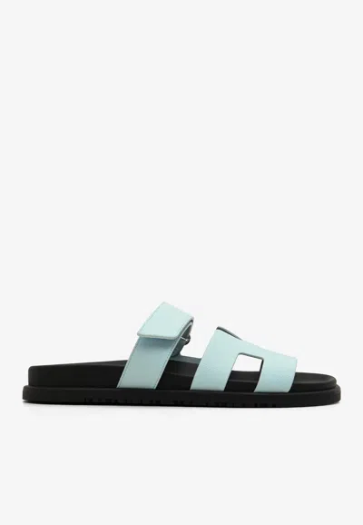 Pre-owned Hermes Chypre Sandals In Bleu Brume Epsom Leather