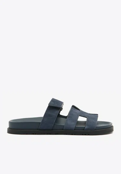 Pre-owned Hermes Chypre Sandals In Bleu Celeste Suede Leather