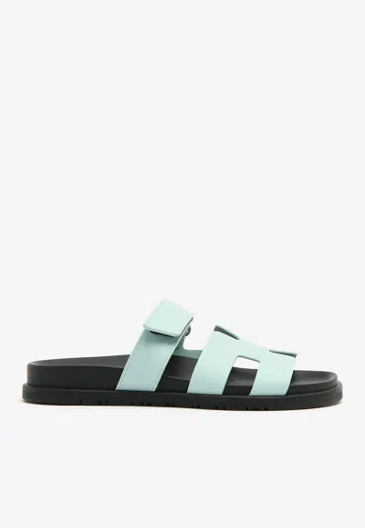 Pre-owned Hermes Chypre Sandals In Bleu Cristaux Epsom Leather