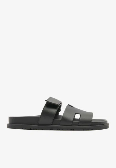 Pre-owned Hermes Chypre Sandals In Calfskin In Black