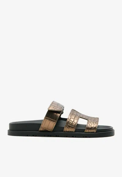 Hermes Chypre Sandals In Dore Antique Metallic Alligator Leather
