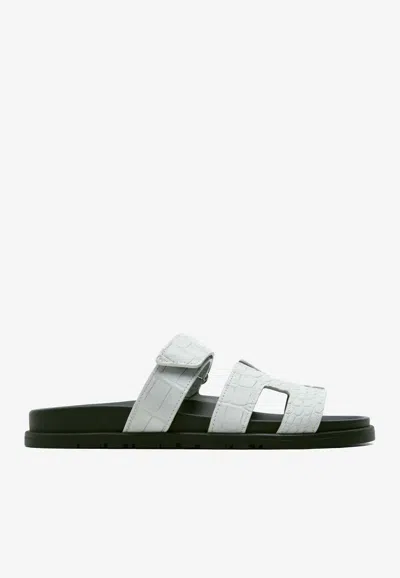 Hermes Chypre Sandals In Gris Quartz Suede Alligator