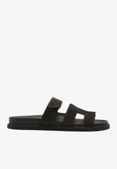 Hermes Chypre Sandals In Marron Ebene Suede In Black