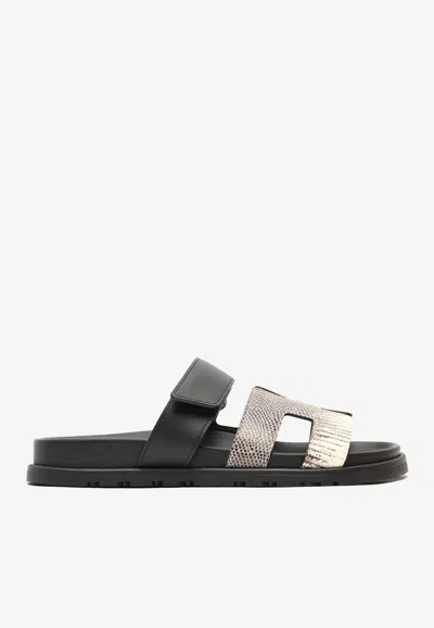 Hermes Chypre Sandals In Ombre Shiny Lizard And Black Calfskin In Multi