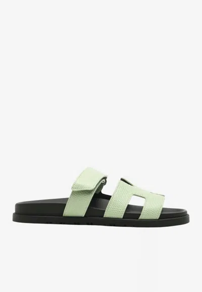 Hermes Chypre Sandals In Vert De Mer Shiny Java Lizard Leather In Green
