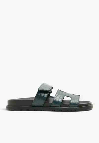 Hermes Chypre Sandals In Vert Mousse Matte Alligator In Green