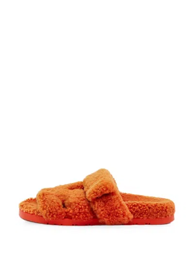 Pre-owned Hermes Chypre Shearling Sandals In Orange