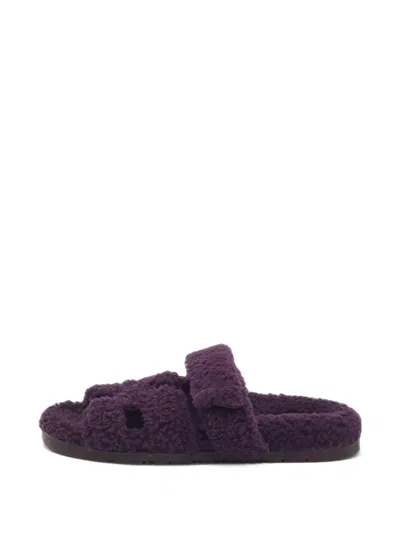 Pre-owned Hermes Chypre Shearling Sandals In Purple