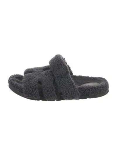 Pre-owned Hermes Chypre Shearling Slides In Blue