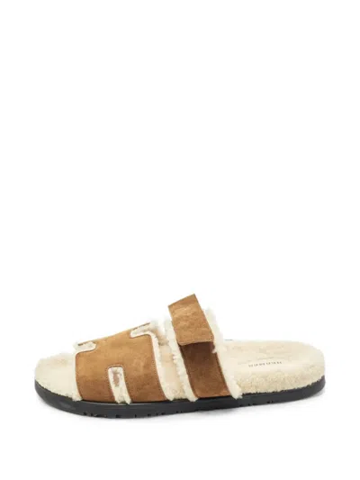 Pre-owned Hermes Chypre Shearling-lined Sandals In Brown