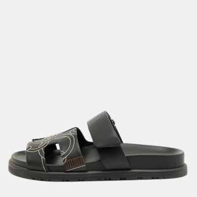 Pre-owned Hermes Hermès Chypre Size 36 Black Leather Stitch Detail Slide Sandals