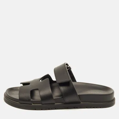 Pre-owned Hermes Chypre Size 36.5 Black Leather Flat Slides