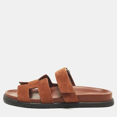 Pre-owned Hermes Chypre Size 37 Brown Suede Flat Sandals