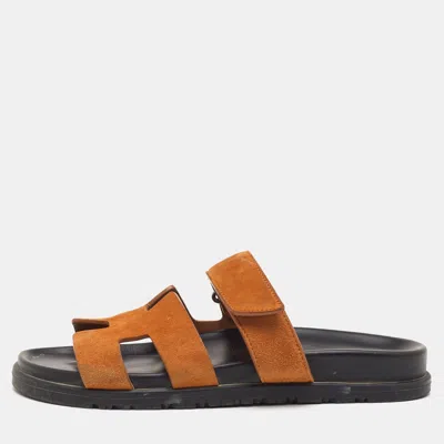 Pre-owned Hermes Chypre Size 37.5 Brown Suede Slide Sandals