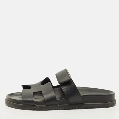 Pre-owned Hermes Chypre Size 38 Black Leather Slide Sandals