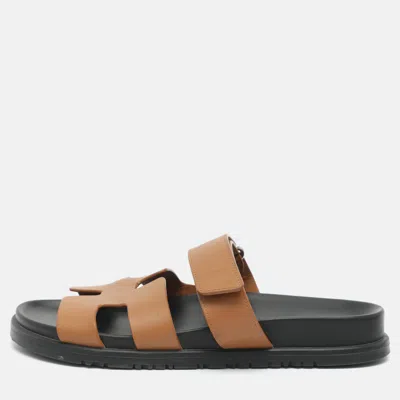 Pre-owned Hermes Chypre Size 38 Brown Leather Flat Sandals