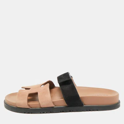 Pre-owned Hermes Chypre Size 38 Brown/black Suede Flat Slide
