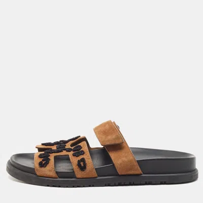 Pre-owned Hermes Chypre Size 38 Brown/black Suede Flat Slides