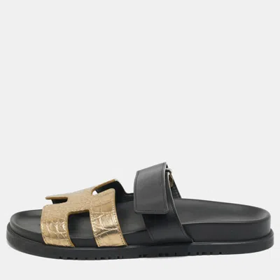 Pre-owned Hermes Chypre Size 38.5 Black/gold Suede Slide Sandals