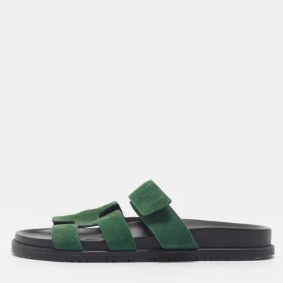 Pre-owned Hermes Chypre Size 38.5 Green Suede Flat Slide