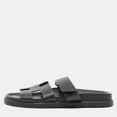 Pre-owned Hermes Chypre Size 39 Black Leather Slide Sandals