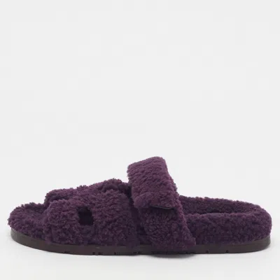 Pre-owned Hermes Chypre Size 39 Purple Shearling Flat Slide