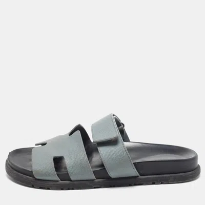 Pre-owned Hermes Chypre Size 40 Blue Leather Flat Slides
