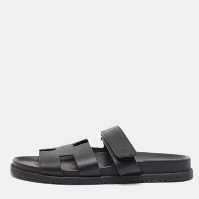 Pre-owned Hermes Hermès Chypre Size 41 Black Leather Slide Sandals
