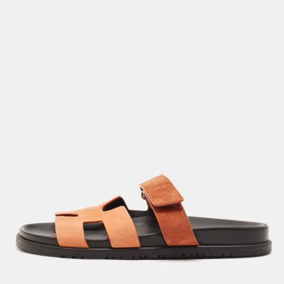 Pre-owned Hermes Chypre Size 41.5 Orange Suede Flat Slide