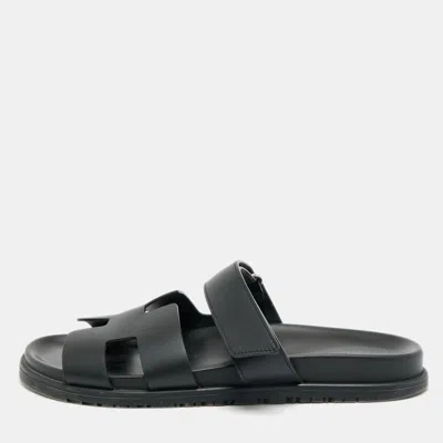 Pre-owned Hermes Chypre Size 42 Black Leather Slide Sandals