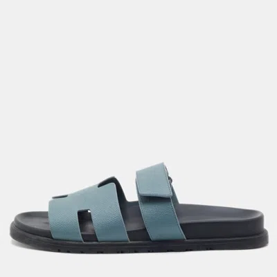 Pre-owned Hermes Chypre Size 42 Blue Leather Slide Sandals