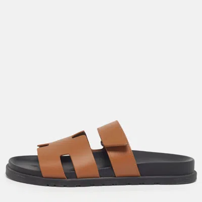 Pre-owned Hermes Chypre Size 42 Brown Leather Flat Sandals