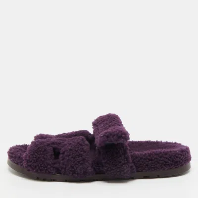 Pre-owned Hermes Chypre Size 42 Purple Shearling Fur Flat Slide