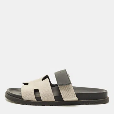 Pre-owned Hermes Chypre Size 42.5 Black/white Canvas And Leather Flat Sandals