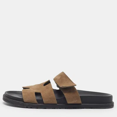 Pre-owned Hermes Chypre Size 42.5 Brown Suede Flat Slides