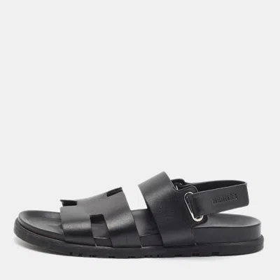 Pre-owned Hermes Chypre Size 43 Black Leather Flat Slingback Sandals
