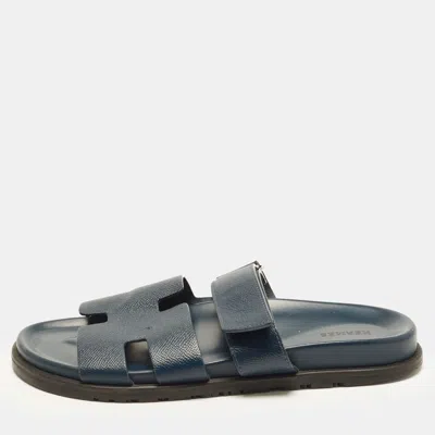Pre-owned Hermes Chypre Size 43 Blue Leather Flat Sandals