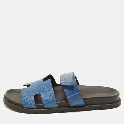 Pre-owned Hermes Chypre Size 43 Blue Matte Alligator Flat Sandals