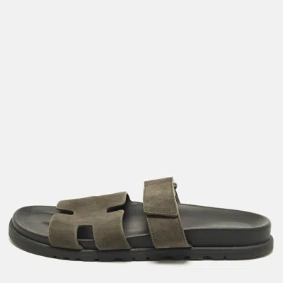 Pre-owned Hermes Chypre Size 43 Dark Green Suede Flat Slide