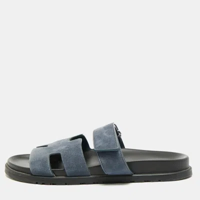 Pre-owned Hermes Chypre Size 43 Navy Blue Suede Flat Slide
