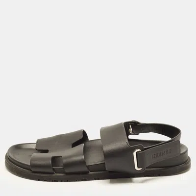 Pre-owned Hermes Chypre Size 43.5 Black Leather Flat Sandals