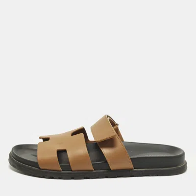 Pre-owned Hermes Chypre Size 43.5 Brown Leather Flat Slide