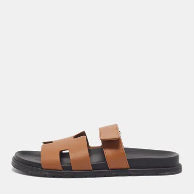 Pre-owned Hermes Chypre Size 43.5 Brown Leather Flat Slide