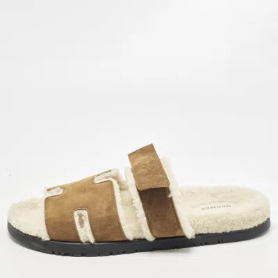 Pre-owned Hermes Chypre Size 45.5 Brown Suede And Shearling Fur Lined Flat Sandals