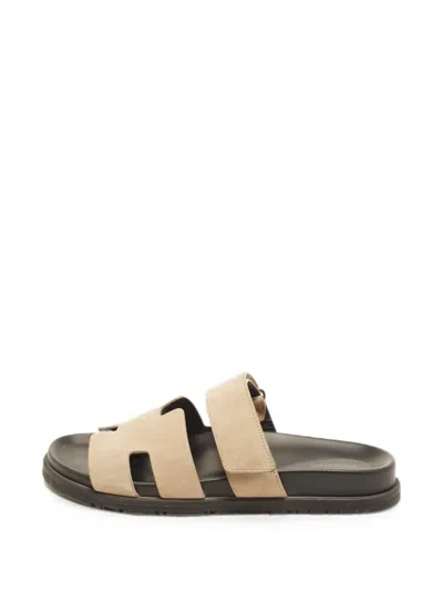 Pre-owned Hermes Chypre Suede Sandals In Neutrals