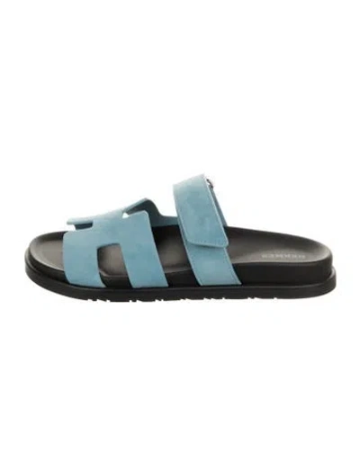 Pre-owned Hermes Chypre Suede Slides In Blue